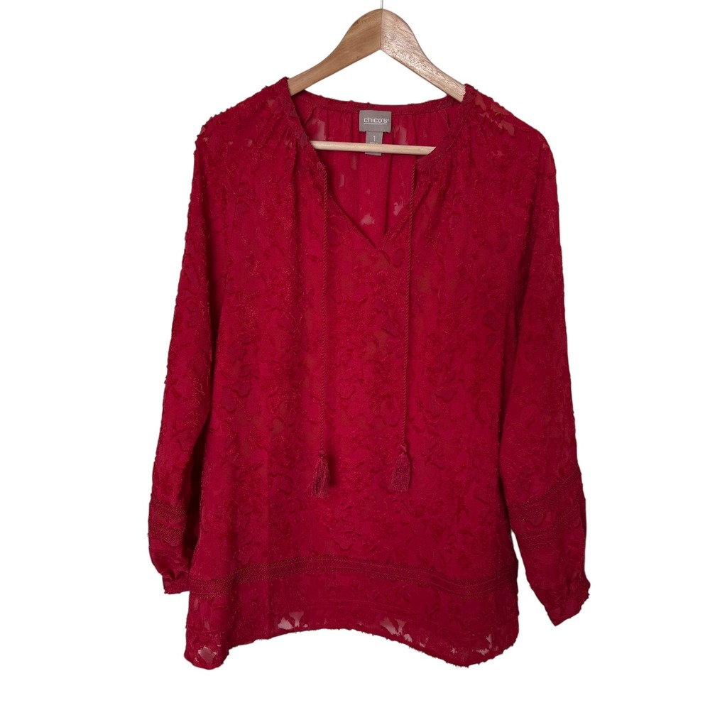 Chico's Tunic Blouse Women Size 1 Red‎ Excellent Floral Burnout Tassel Boho Lace